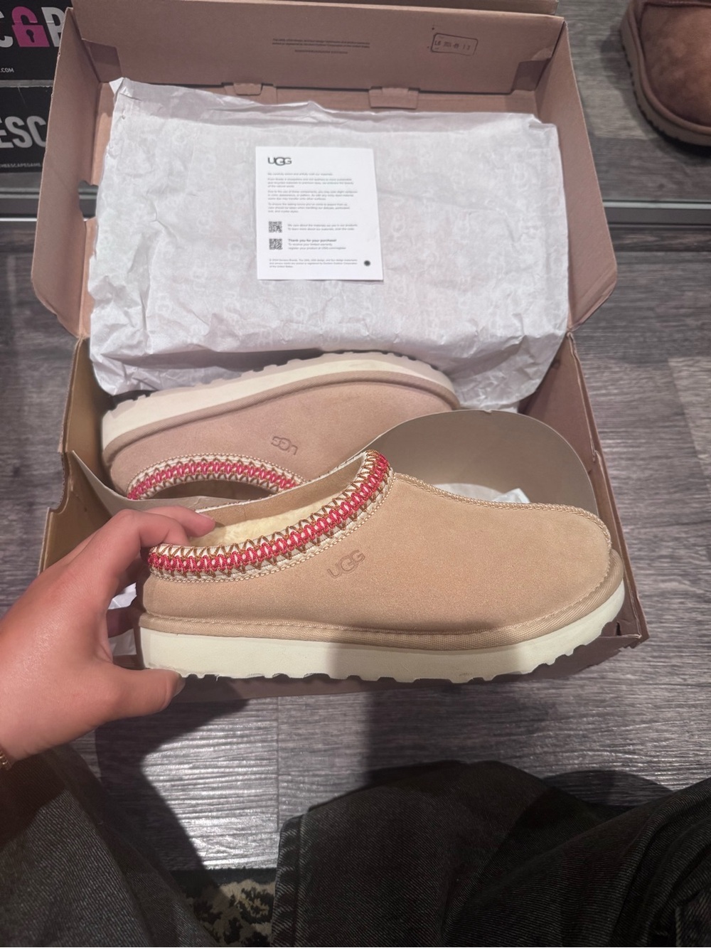 UGG Women’s Slip-On Suede Flats in Beige with Pink Trim